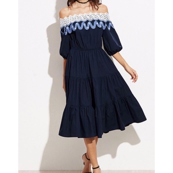 Navy Blue Off Shoulder Boho Tiered Dress - Picture 3 of 3